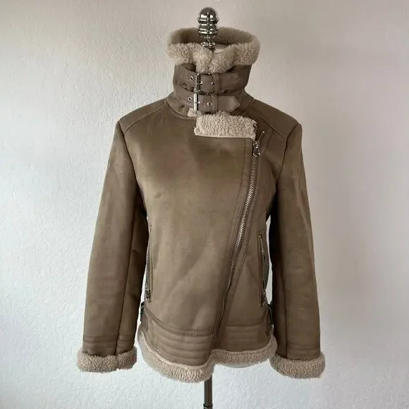 Zara Neutral Moto Jacket size XS Shearling - Picture 3 of 12